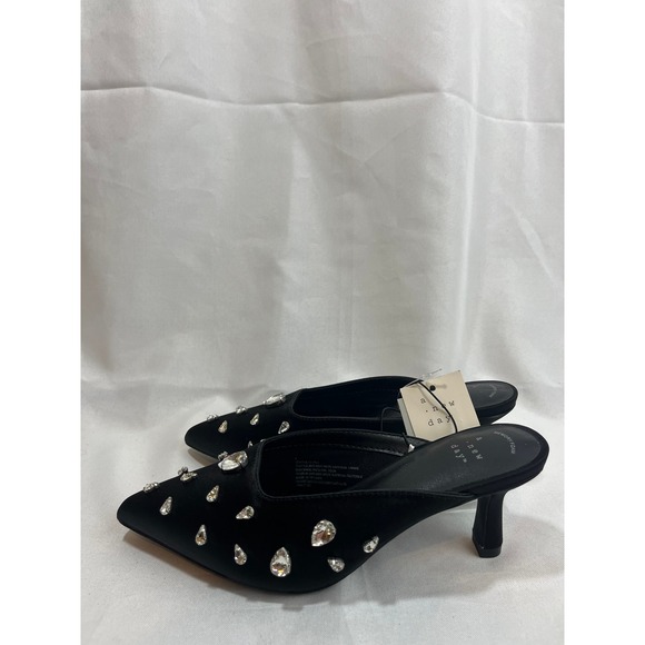 a new day Shoes - A New Day Womens Black Satin Rhinestone Pointed Toe Kitten Heel Mules Size 6